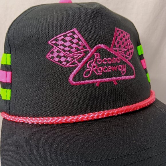 Pocono Raceway 3 Stripe Cap Hat Black Neon Pink Green Canvas Racing Race Vintage - Picture 5 of 13